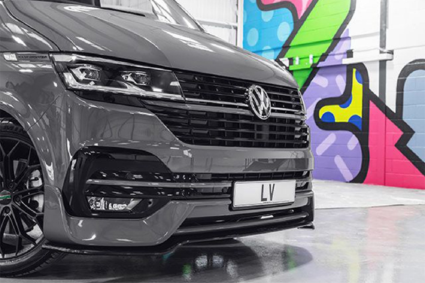 Grey customised Volkswagen Transporter in the Leighton Vans workshop